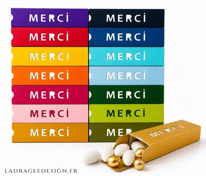 Boîtes Merci en plusieurs couleurs avec confiseries fines