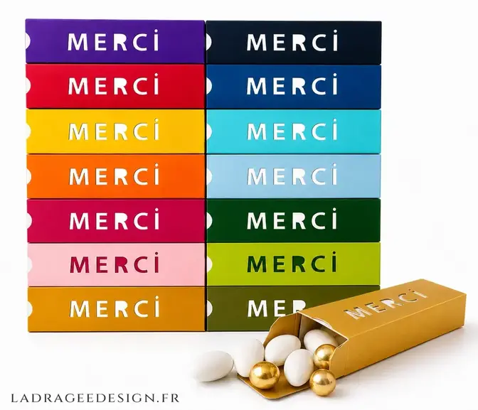 Boîtes Merci en plusieurs couleurs avec confiseries fines